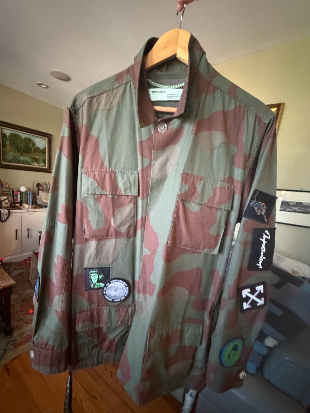 Off-White Men’s Camouflage Field Jacket with Patch Details - Green/Brown